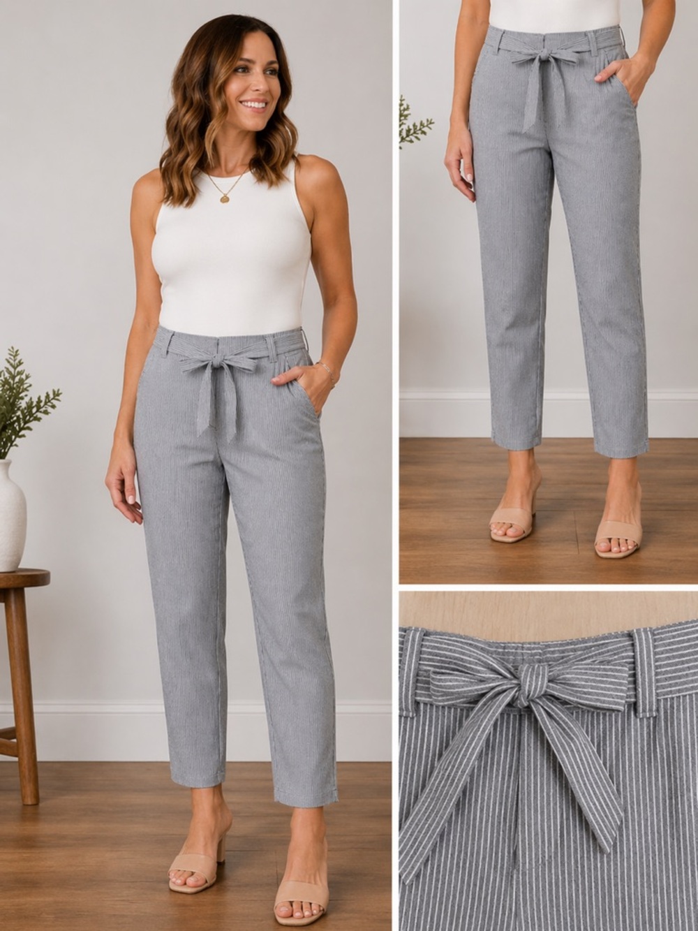 Liz Claiborne Railroad Stripe Tie Waist Straight Leg Pants Sz 14 NWT High Rise